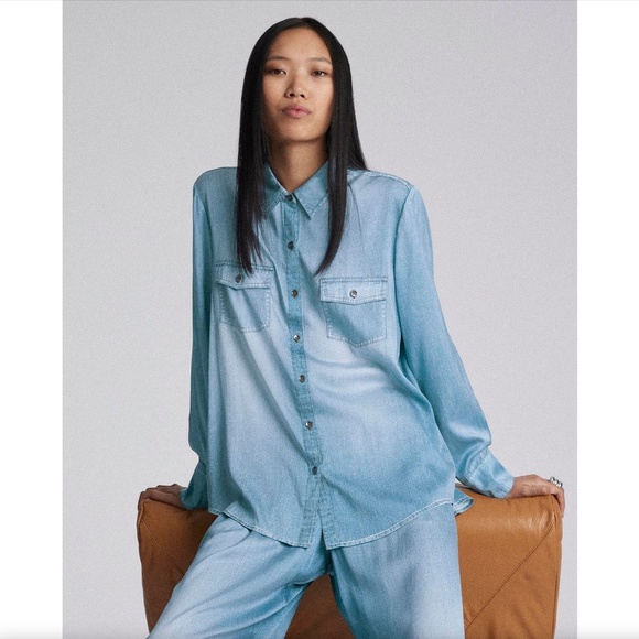 560. SPLENDID x Kate Young Silk Button-Down Denim-Print Shirt $328 NWT XS - Picture 1 of 6